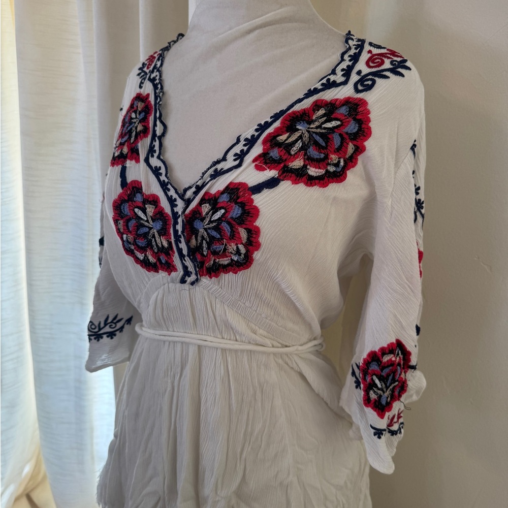 FP Movement by Free People White Dress with Red and Blue Embroidery